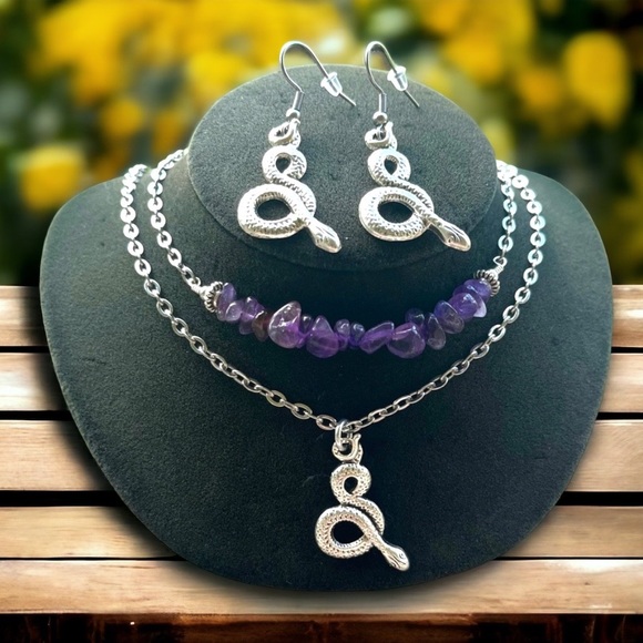 Set ! Amethyst double layer necklace snake + matching earrings boho goth celtic - Picture 4 of 11